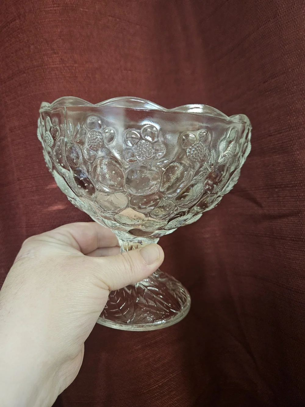 🍓 Strawberry & Floral Pattern Clear Pressed Glass Compote
